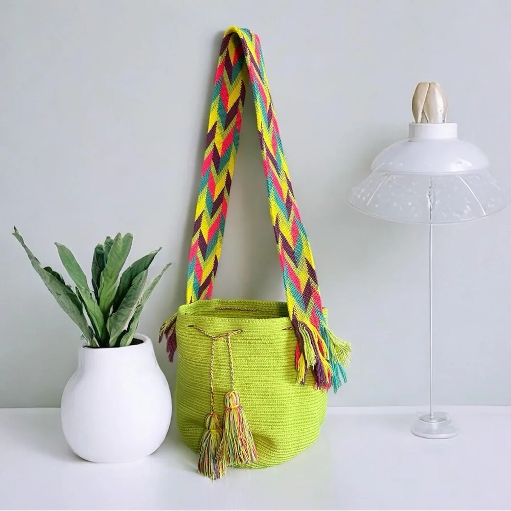 Colombian Wayuu Vibrant Multicolor Bright Green Woven Mochila Crochet Bucket Bag
